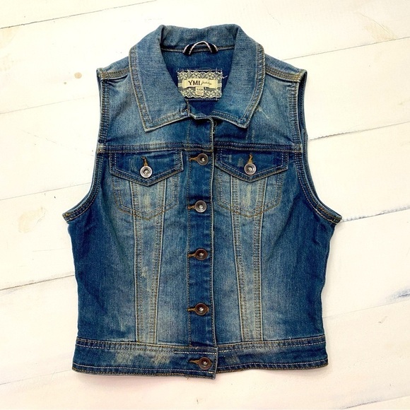 YMI denim collared vest button front pockets juniors small - Picture 1 of 10